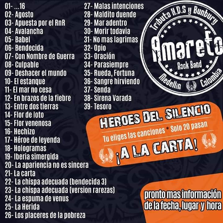 amaretorock's tweet photo. 🔥Se acerca otro evento mas con motivo de nuestros 🎉10 años, ➡️esta vez con nuestro tributo a Héroes del Silencio.
📣Con el evento Héroes a la carta!  en la imagen colocamos un set list de 39 canciones, ➡️PERO SOLO PASAN LAS 20 CANCIONES CON MAS VOTOS.
💥Así que anímate a votar. https://t.co/I995getTCX