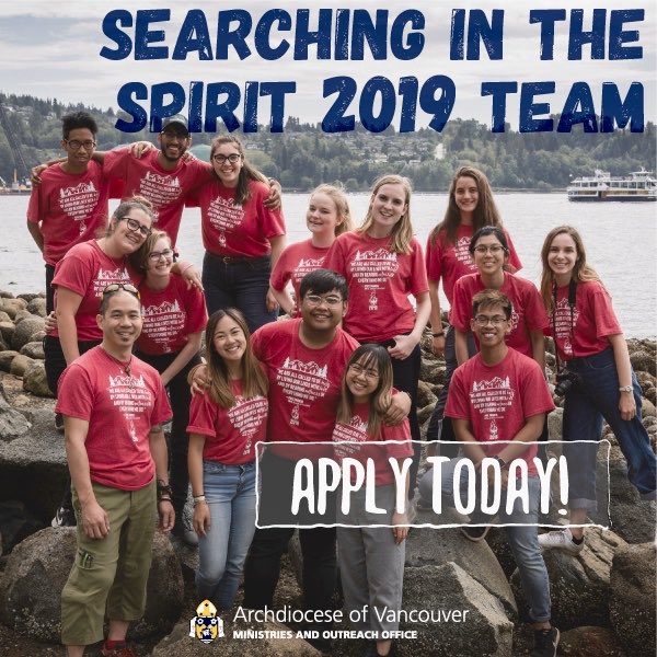 ArchVanYMYAM's tweet photo. Apply now to become a 2019 Searching in the Spirit Team Member!  Applicants must be in at least grade 10 to apply.

Apply here: https://t.co/hPAGU9vgOu

@archvancouver #searchinginthespirit2019 #campjubilee #leadership #discipleship #confirmation #catholic #youthministry https://t.co/47Qe0Qx685