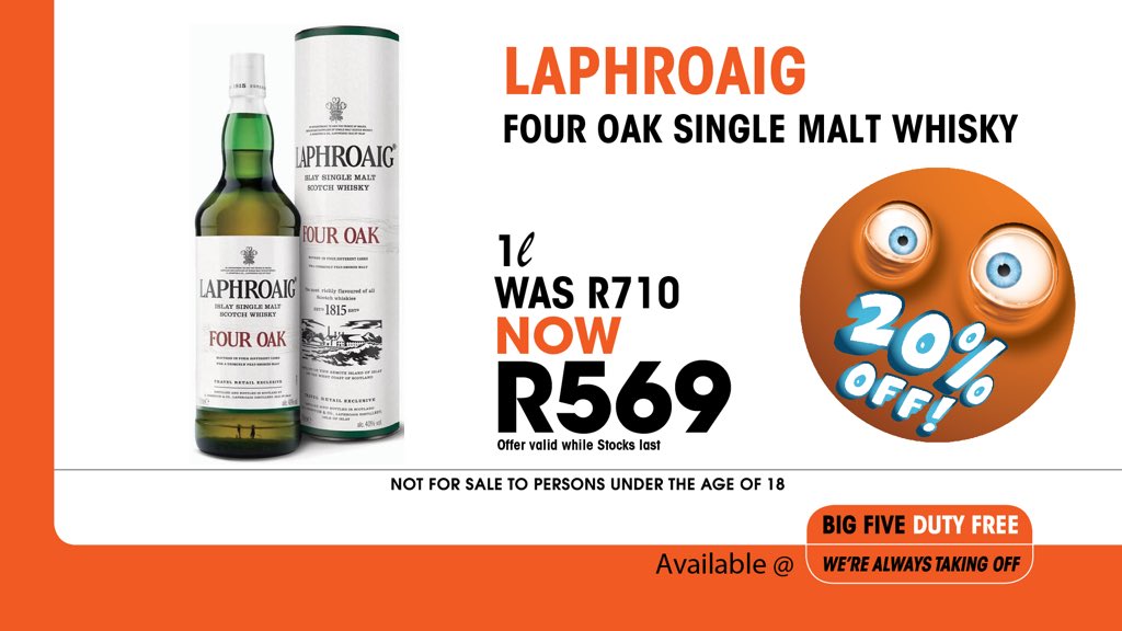 BigFiveDutyFree's tweet photo. Become a whisky connoisseur with #laphroaig #fouroak #singlemalt #whisky #smooth #rich #scotch #januarypromo #travel #shoptheairport #dutyfree #southafrica #ortambo #capetownint #kingshakaint #doyoutravel #travelwithbfdf #airportshopping #bigfivedutyfree #bfdf #alwaystakingoff https://t.co/a83LymVE9a