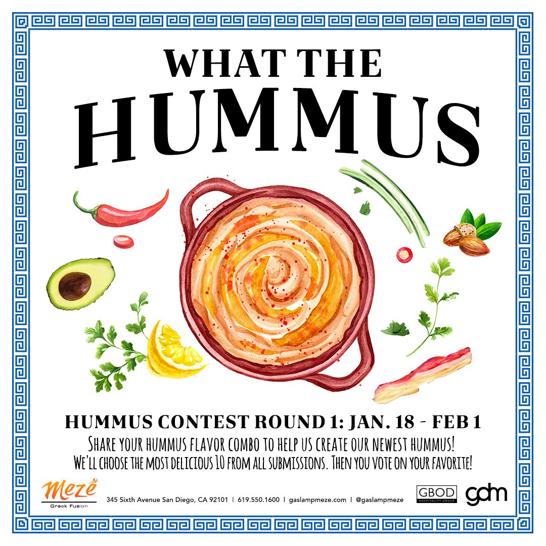 Gaslampmeze's tweet photo. What should our new hummus flavor be?? Comment below with your ideas 👇👇#wth #whatthehummus #hummus #hummuscontest https://t.co/TeCQNxCLt5