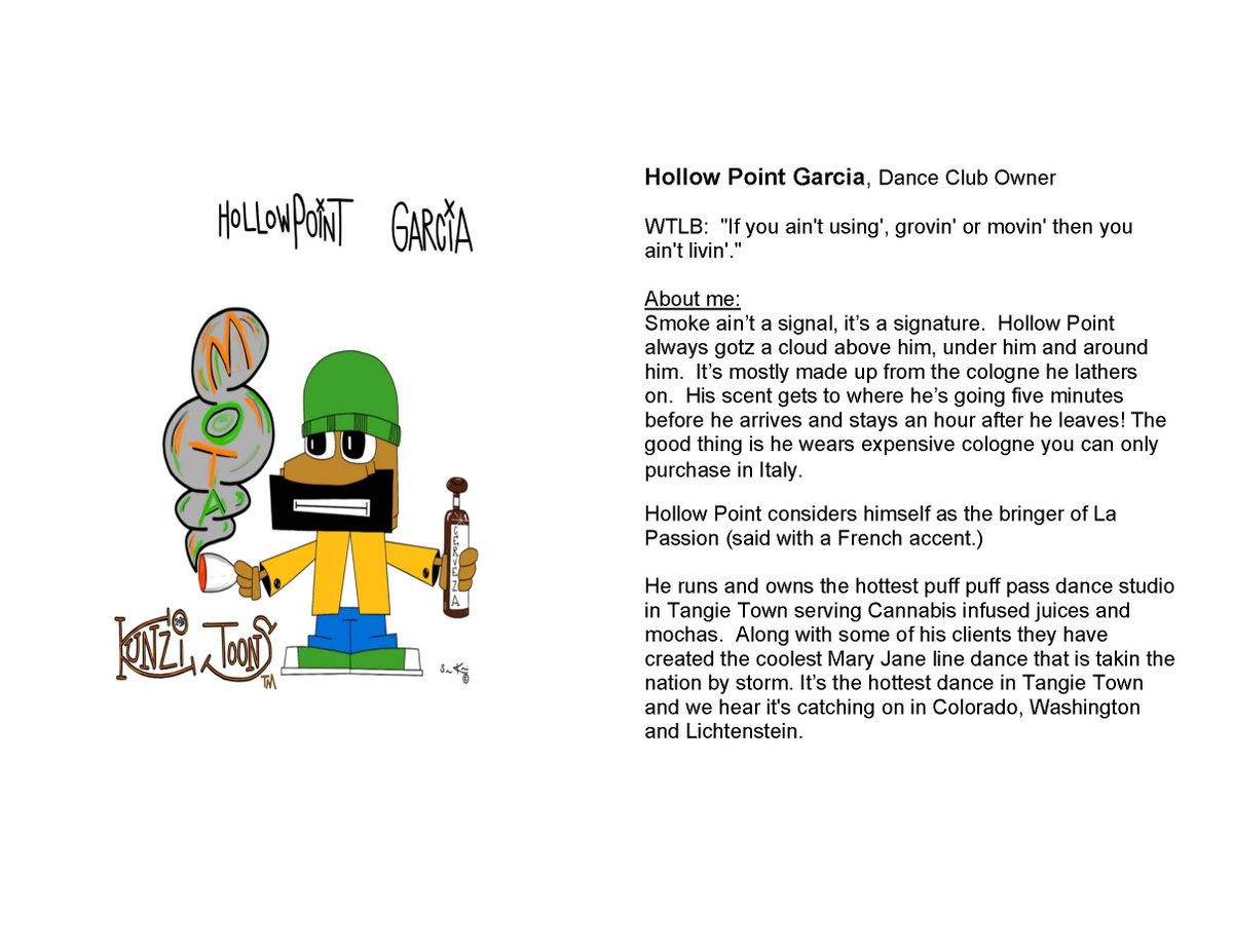 Kunzitoons's tweet photo. Bonjour fellow Pot Heads, 
HollowPoint Garcia here. Another member of the fun #KunziToons #GreenTeam, always smoking, grooving n moving. Read my bio n give me an RT - show me some ❤️amigo. Chao familia💫 
#StonerFam #cartoon #webcomic #ComicArt https://t.co/SPXVF79flm