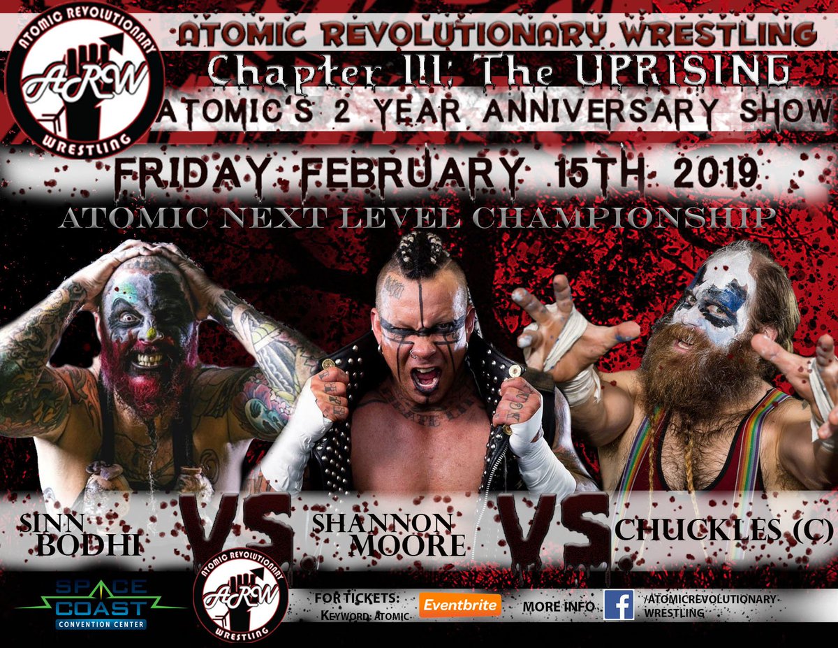 WrestlingAtomic's tweet photo. Fri Feb 15th at @WrestlingAtomic 2 year anniversary show in Cocoa Florida - The Atomic Next Level Championship will be on the line! It'll be @SiNNbODHi vs @TheShannonBrand vs @Chuckleswooo (C). Tickets at https://t.co/5S27uPhwkj #NewFaceOfEXTREME #AtomicSTRONG https://t.co/NB0ZUifLRj