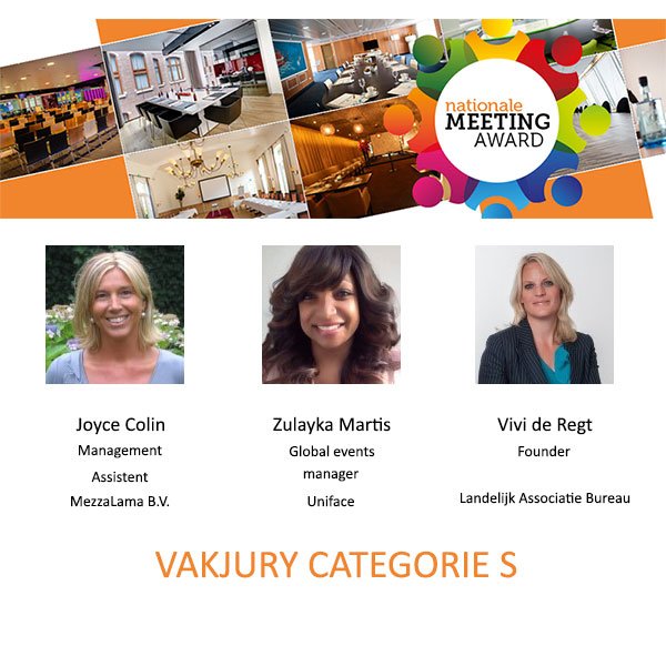 Graag stellen we u de vakjury van categorie S (Small, tot 25 personen) van de Nationale Meeting Award voor. Meer info: ow.ly/sxif30noUJR 
#2019NMA #vergaderlocatie #meetings #vakjury #events_NL #eventprofsnl