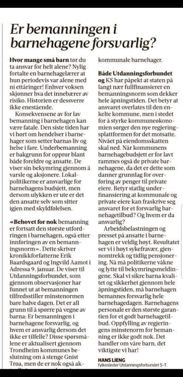 geirro's tweet photo. Betimelig spørsmål fra fylkesleder i @UDFSorTrondelag ,Hans Lieng, i dagens @adresseavisen.  @utdanningsf https://t.co/8PloMRnmSa
