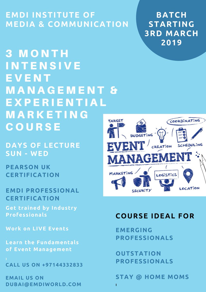 Launching a brand new course in Event Management!
This INTENSIVE 3 MONTH FULL TIME course will teach you everything about planning, marketing &amp; implementing your dream projects. 
Pearson UK Certified &amp; access to work on LIVE events!
Admissions open now! Batch starts on March 3rd.