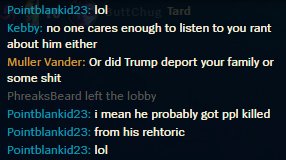 0805michael's tweet photo. @RiotSupport Please ban these political intellectuals from your game calling each other Nazis, Commies, and Trump supporters from your game. Yasuo ran it down refusing to "help Trump supporters". https://t.co/PXzpFrsnmt