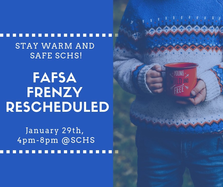 STCAdviser's tweet photo. Tomorrow's FAFSA Frenzy will be rescheduled to January 29th. Stay warm and safe, bulldogs! @HRDLClick @StCR13Principal @STCBulldogs @StclairAP @StClairR13 https://t.co/vrlPIeuxIp
