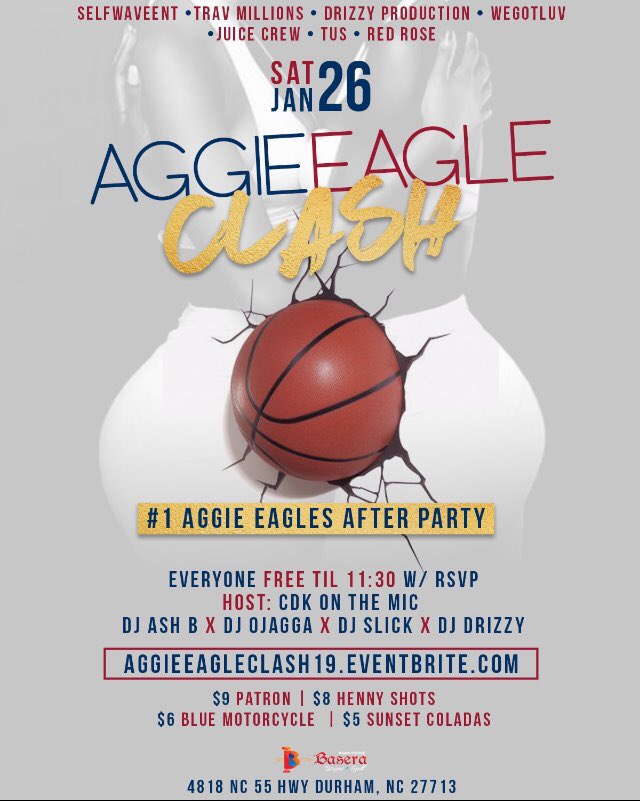 xbrittanyyy98's tweet photo. Saturday Jan 26th โผ๏ธ
#TUS Presents #AggieEagleClash
#NCCU ๐ฆ
VS
#NCAT ๐ถ
Music By @DJDrizzy_ @o_jagga @IAMDJSLICK @dj__ashb
1000+ Will party๐จ
Get Tickets Now โผ๏ธ
https://t.co/SWw7cFuohS
#TurrnUpSquad #DrizzyProductions #JuiceCrew #RedRoseEnt #SelfWaveEnt https://t.co/Y31sDGY1IE