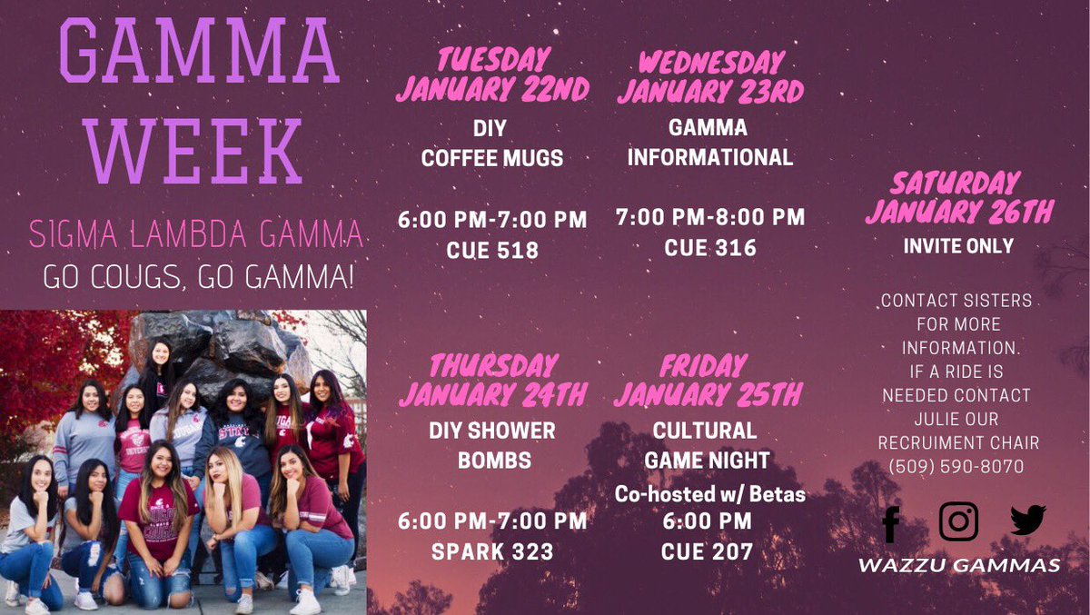 WazzuGammas's tweet image. GAMMA WEEK starts tomorrow! 🤩
Make sure to join us tomorrow, January 22nd, in CUE 518 from 6-7pm for our first event! 🥳
If you need a ride or have any questions, contact our recruitment chair, Julie Al-Abadi, for more information! 🤗
#GoCougs #GoGamma #WhySLG #GammaWeek2019
