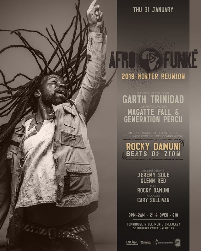 EnClave_LA's tweet photo. 🌍Repost from @afrofunke - #Afrofunke Winter Reunion is happening on Thursday January 31 celebrating @rockydawuni brand new single /title track from his upcoming album #beatsofzion !! Special guest DJ @garthtrinidad from @kcrw and a live performance … https://t.co/xh5lcB1pCz https://t.co/AdJZQ5qxFE