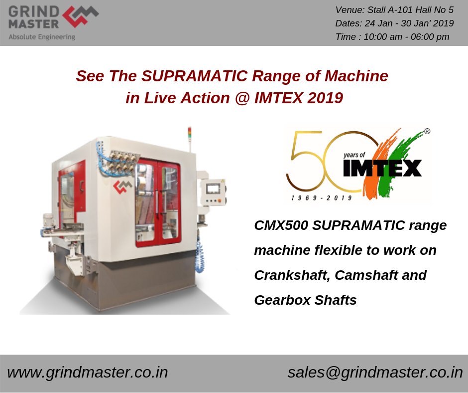 grindmaster_'s tweet photo. #GrindMaster all set to showcase latest #SUPRAMATIC Range of #machine from SPMS Supramatic SAS at #IMTEX 2019
#CRANKSHAFT #CAMSHAFT #gearbox #MICROFINISH #SUPERFINISH #LAPPING #NANOFINISH https://t.co/PYUhsHZPjj
