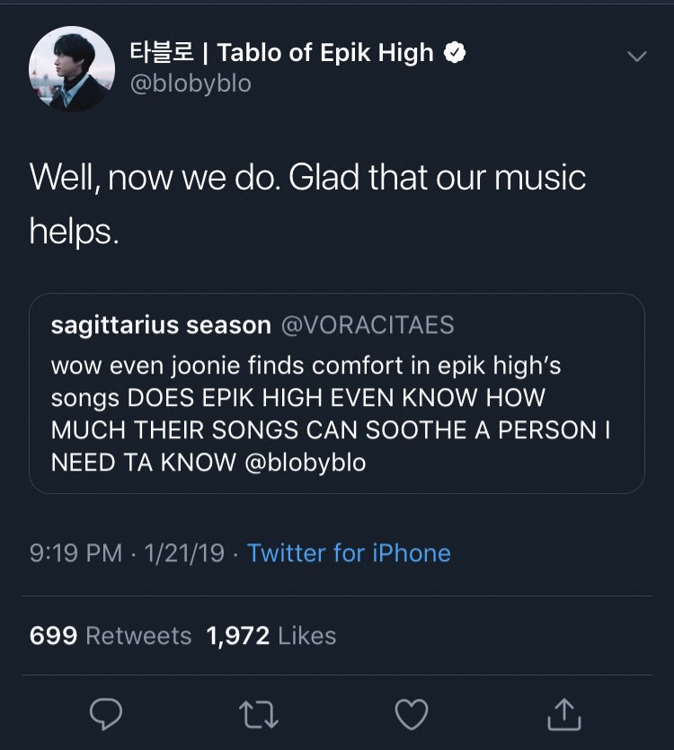 and on the same day,  @blobyblo responded to an army mentioning if tablo knows his impact on, not only joon, but everyone who finds peace in their music :(((( i'm so glad he does i wouldn't be here without bts or epik high's music