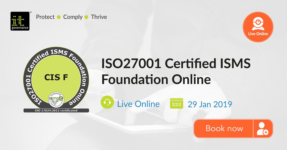 ITG_gulf's tweet photo. There's still time to book onto our #ISO27001 Certified #ISMS Foundation Online, next date: 29 Jan 2019 | Get certified now >> https://t.co/wFKc37I5yl  

#Infosec #InformationSecurity #CyberSecurity #ITSecurity #IT #Ciso #cybercrime #databreach #cyberattack  #GCC #أمن_المعلومات https://t.co/AOeYlXlQPf