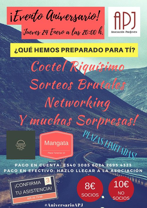 ProJoven_APJ's tweet photo. #BuenosDías
¡A las puertas! Día a las 20 h en el Bar Mangata, Aniversario APJ ¿Te apuntas?
📌Networking
📌Sorteos
📌Cocktail
📌Nuestro padrino será Fooga
¡PLAZAS LIMITADAS! 🎯🎯🎯 8 euros/socios, 10 euros/no socios ¡Te esperamos!
#AniversarioAPJ #APJsemueve #Fooga #networking https://t.co/5EK3JFpQOZ