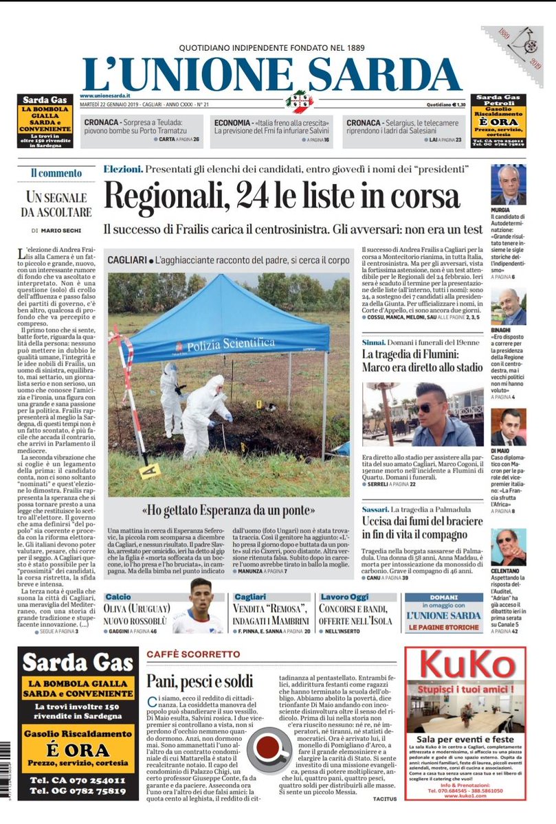 UnioneSarda's tweet photo. #PrimaPagina #22gennaio - Elezioni regionali: appuntamento il 24 febbraio con 24 liste in corsa. La tua copia: https://t.co/666CRmfpDZ https://t.co/TxIw3ReTlR
