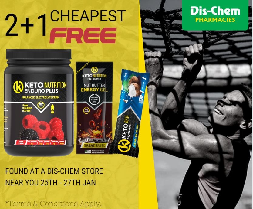 Be sure to pop in at your nearest <a href="/Dischem/">Dis-Chem</a> store this weekend! 2+1 cheapest free on all sports nutrition at Dis-Chem on the 25th 26th and 27th January 2019 !

*Terms and conditions Apply

#ketonutrition #sportsnutrition #dischemoffers #specialoffer #ketoathlete #athlete