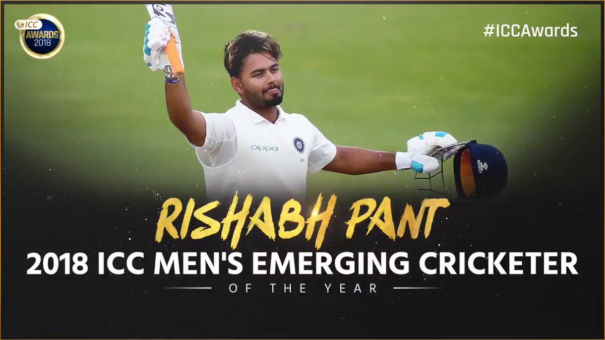 Congratulations to @RishabPant777, the ICC Men’s Emerging Cricketer of the Year 2018! 🇮🇳
He became the first Indian wicket-keeper to score a Test century in England, and equalled the record for the most catches taken in a Test, with 11 in Adelaide in December.
#ICCAwards 🏆