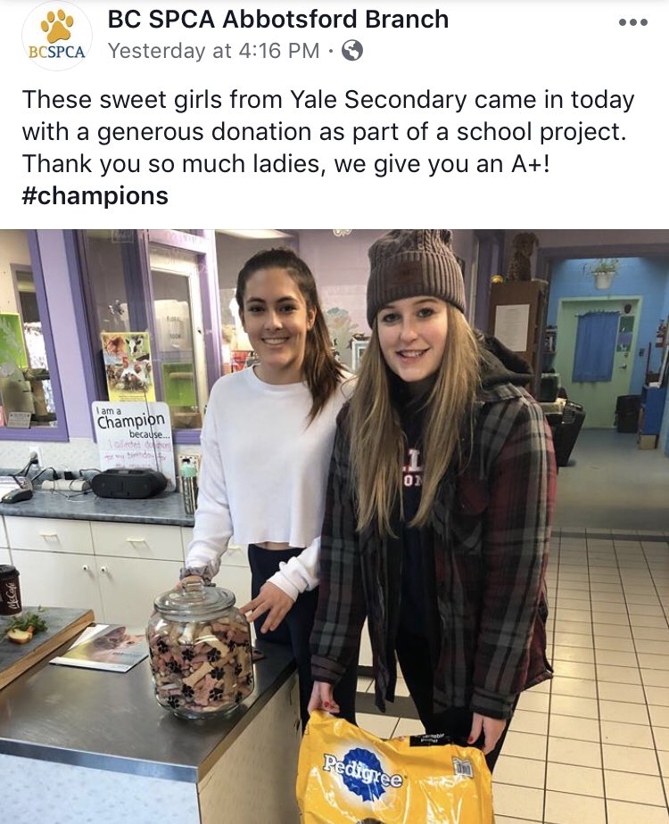 Sharing a post from the #Abbotsford branch of the <a href="/BC_SPCA/">BC SPCA / BCSPCA</a> of my students completing their volunteerism unit I assigned. Volunteer for your community - everyone wins! <a href="/YaleLions/">Yale Secondary</a>  #champions <a href="/Glitter64/">Glitters🦋🌏🦋</a> #fourleggedfriends #doglovers #catlovers #Volunteering