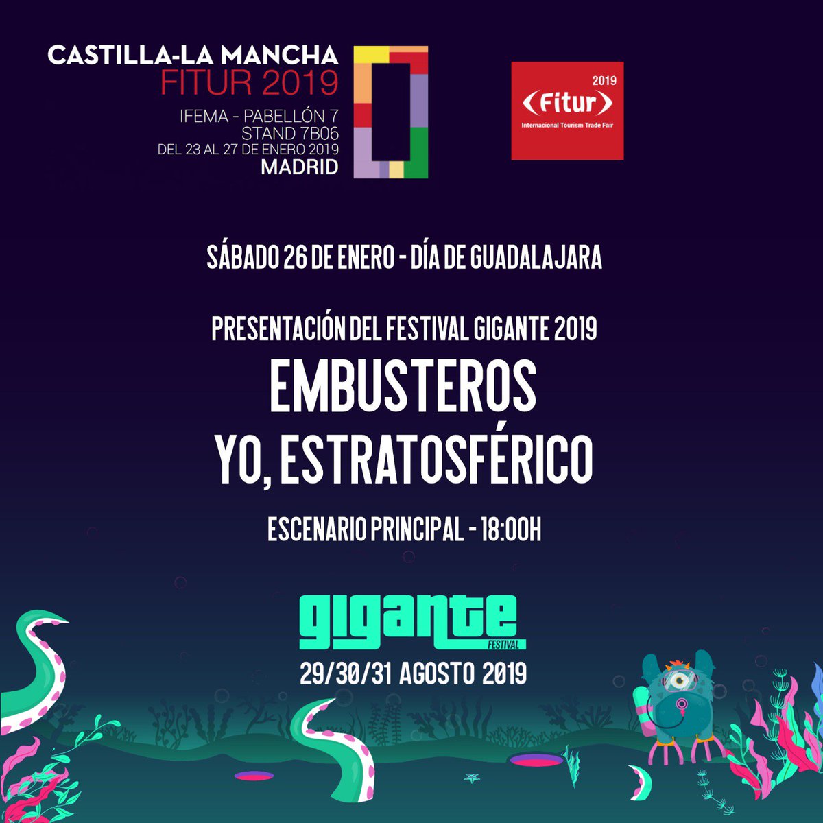 ¡Atentos! #festivalGigante estará el sábado en FITUR con <a href="/somosembusteros/">Embusteros</a> y <a href="/yoestratosferic/">YO, Estratosférico</a> ¡Venid a vernos! ¡Os esperamos! 🙂