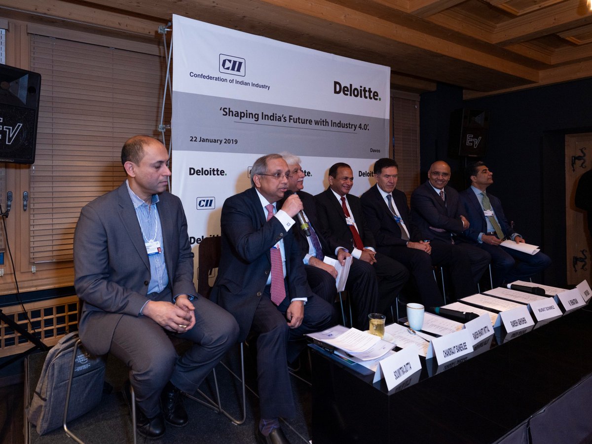 DeloitteIndia's tweet photo. #WEF19 Day 1 at @Davos : Discussion on the impact of #4IR on India with @sureshpprabhu, @rabhishek1982, @DeloitteIndia CEO N. Venkatram @PunitRenjen, Murat Somnez, @soumitradutta @rakeshbhartimittal https://t.co/7uLgEdSf6w