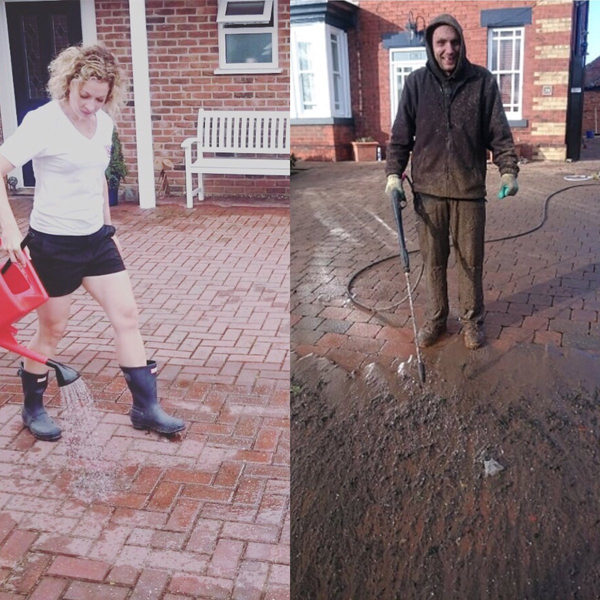 BlockBlitz's tweet photo. Don’t be this guy, be more like this girl (only please wrap up as it’s cold outside 🥶) Block Blitz is quick and easy to apply and does all the hard work for you! #blockblitz #nojetwashing #noscrubbing #cleanpaving #pavibgperfection #showitsomelove https://t.co/v6vwtxHpaS
