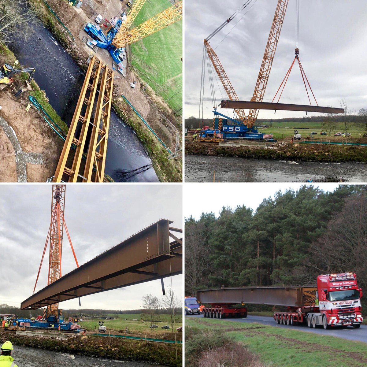Techlift's tweet image. PSG’s Demag TC3200 installing plate girder bridge sections near Inverness, Scotland. Engineering and lift planning support by #Techlift