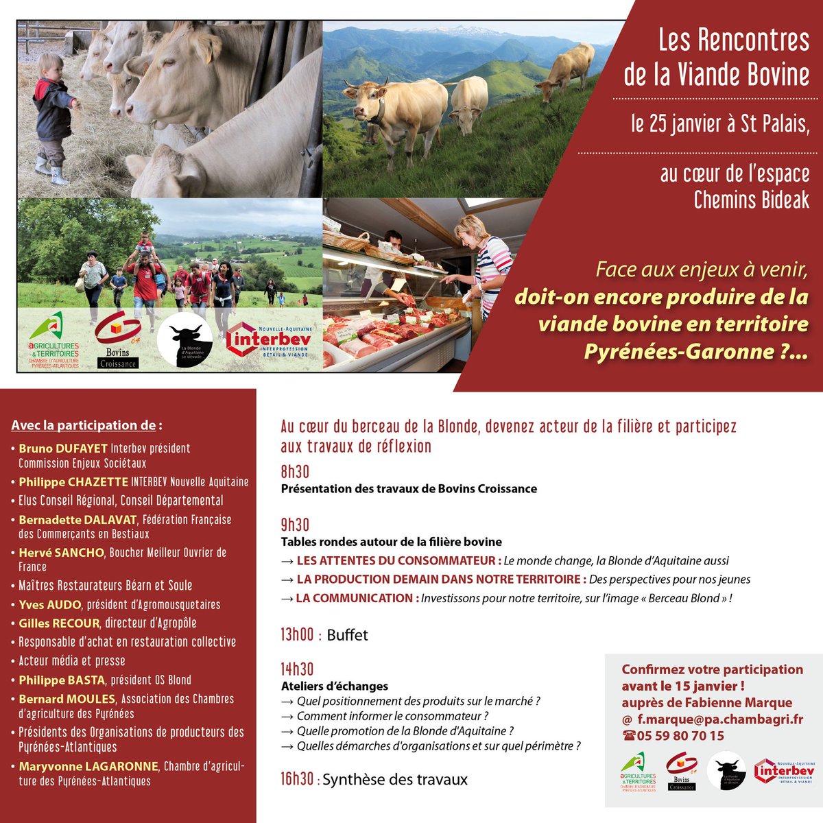 Doit-on encore produire de la viande bovine en territoire Pyrénées Gascogne ? RDV VENDREDI 25 JANVIER à St Palais pour les Rencontres de la Viande Bovine. Tables rondes et ateliers avec tous les maillons de la filière pour construire l'avenir de cette production.