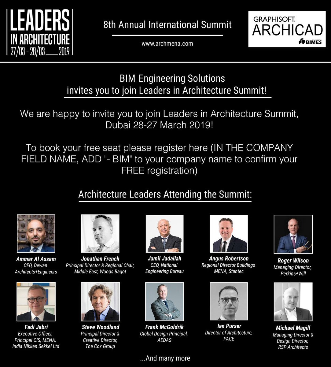 We are happy to invite you to join Leaders in Architecture Summit, Dubai 27-28 March 2019!
To book your free seat please register here
archmena.com/enquire-now
To look at the agenda and the speakers please visit: archmena.com/talks