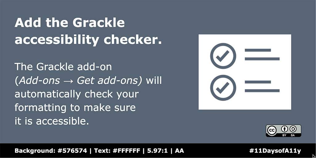 HumSS_TEL's tweet image. If you use Google Slides, the Grackle add-on (Add-ons → Get add-ons) will check the accessibility of your formatting.

Grackle advises on potential issues such as missing titles, image descriptions and colours, making for more accessible presentations. 👌

#11DaysofA11y #a11y
