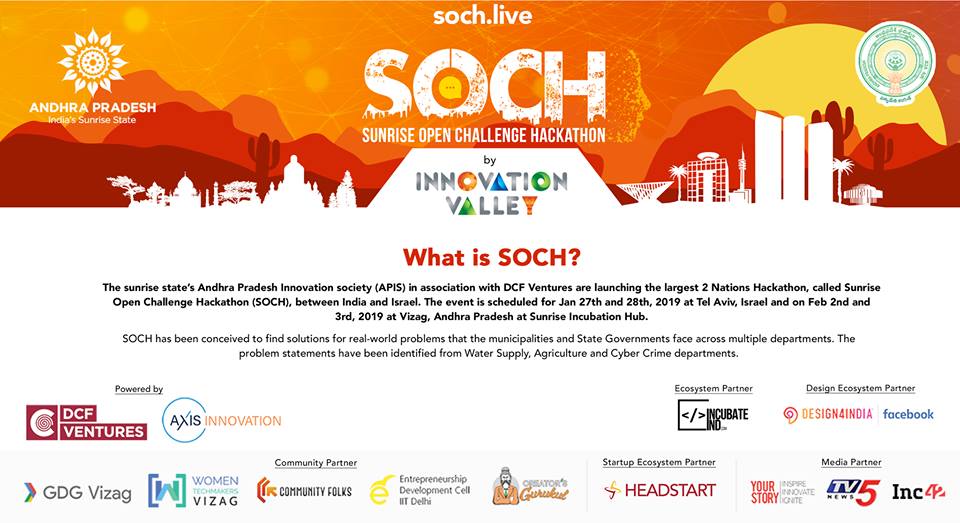 APGlobale's tweet image. #Soch (Sunrise Open Challenge Hackathon) brings together the #start-up ecosystems of #India and #Israel. It is India’s first multination hackathon focused on solving real-world problems in the areas of #watersupply, #wastewatermanagement, #agriculture, and #cybercrime.
