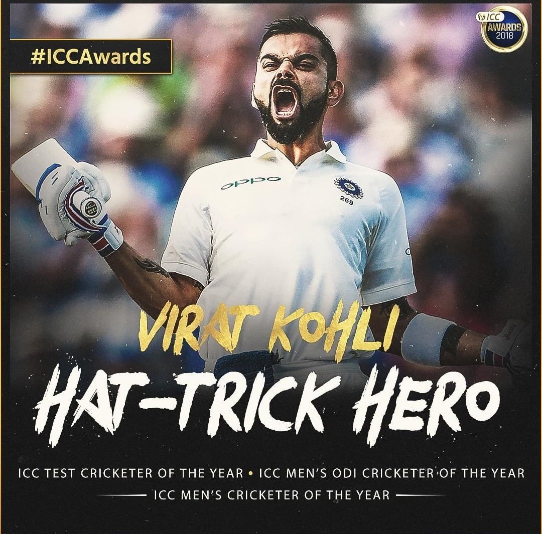 kjsimsports's tweet photo. India's superstar @imVkohli wins a hat-trick of prizes in the 2018 @ICC  awards.
#ViratKohli #ICCAwards #India #simsrsports https://t.co/dpMlJ2UPrG