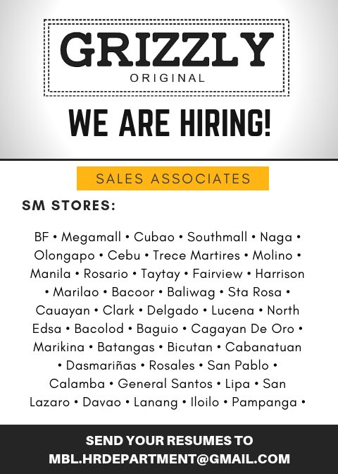 grizzlykidsph's tweet image. We want you on our team! 📣

Job hiring alert! 📣

Email us at mbl.hrdepartment@gmail.com 📧

Please share this post 💬

Thank you!

#grizzlykidsph #hiring #salesdemo #salesassociate #hiringph #jobhunt #jobsph #job #jobs #lookingfor