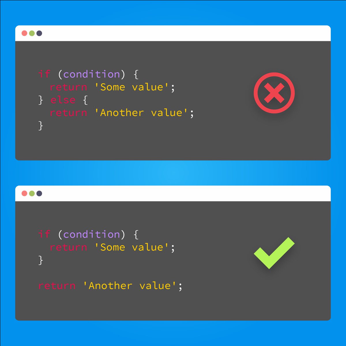 kualitycode's tweet image. Pequeños #tips para mejorar tu #código.
Intenta no usar "else".
#cursos #tutoriales #programacion #desarrollo #devops #php #laravel #symfony #html #css #sass #javascript #webpack #vue #node #docker #linux #code #developer