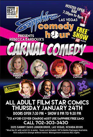 plexstorm's tweet photo. Watch the #CarnalComedy Adult Film Stars StandUp Comedy LIVE on Plexstorm from @TheSapphireLV during the @avnawards this Thursday Jan. 24th at 7:30pm PST! https://t.co/zIfMuGy3fo @PlexstormPromos @rebeccabardoux @ninaland @RealRonJeremy @hudsyhawn @Evanstonexxx @ChristyCanyon11 https://t.co/CynWbGatwJ