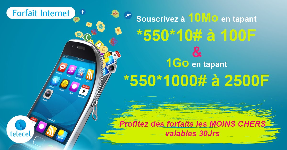 Telecel_Mali's tweet photo. FORFAITS INTERNET ! Souscrivez à 10Mo en tapant *550*10# a 100F &amp; 1Go en tapant *550*1000# à 2500F. Profitez des forfaits les MOINS CHERS valables 30Jrs🎉 
#Telecel, Offrir plus https://t.co/A228wjDFb8