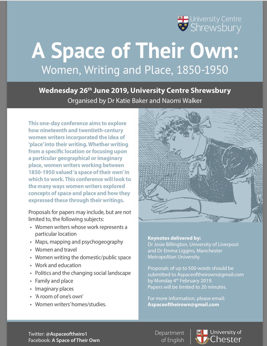 Aspaceoftheiro1's tweet image. Just less than 2 weeks to get your proposal in for our exciting 1 day conference on Women, Writing and Place 1850-1950 @ucshrewsbury @EnglishUCS Get writing! #place #englishconference #proposals