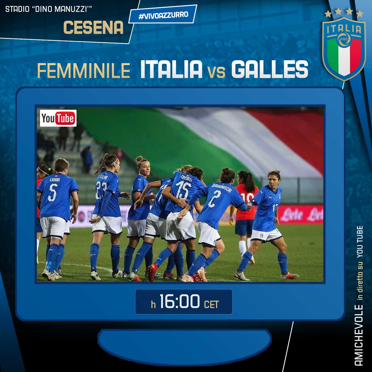 #Azzurre 💙
🇮🇹 #ItalyWales 🏴 – Friendly
🏟 Stadio #DinoManuzzi - #Cesena
🗓 Today, 16:00 CET
💻 Live streaming #YouTube
#VivoAzzurro #ForzaAzzurre
@FIGCfemminile