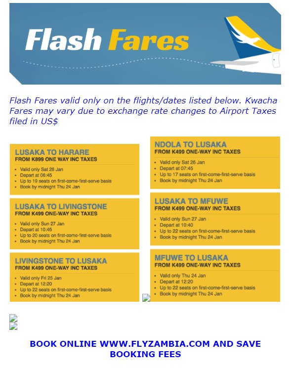 proflightzambia's tweet image. It’s another special Tuesday! Visit flyzambia.com to book with our lowest fares.
Flash Fares this week, available on Ndola-Lusaka, Lusaka-Livingstone, Lusaka-Mfuwe, Livingstone-Lusaka, Mfuwe-Lusaka and Lusaka-Harare.
Book now at .
#ProValue