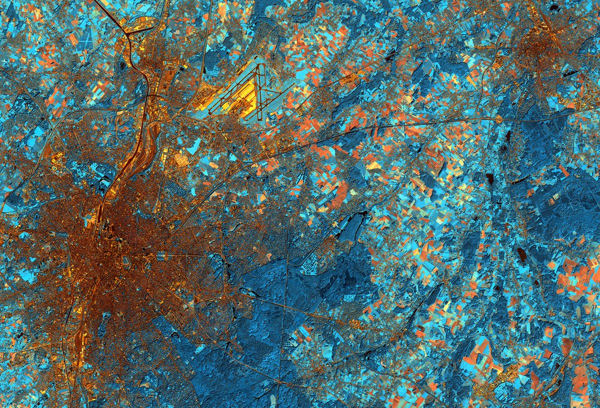 Hello #Brussels! 
This false-colour image from the Spot-5 satellite captures the city of Brussels, where the 11th Conference on European Space Policy is taking place. 
Follow the discussion with the hashtag #BBESpaceConf .