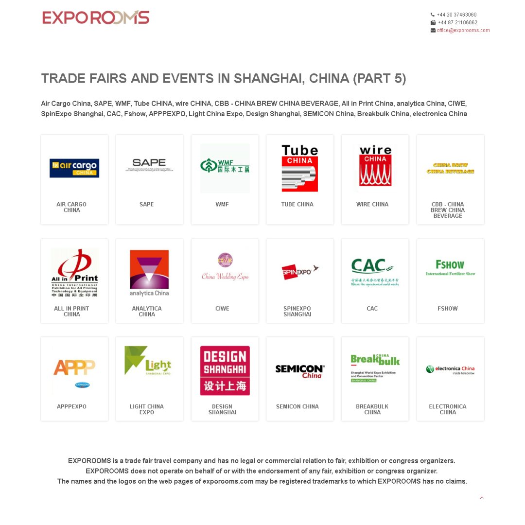 ExpoRooms's tweet photo. Trade Fairs and Events in #Shanghai, China (part 5) #Aircargo #Allinprint #Analytica #Appp #Beverage #Bre #Breakbulk #Cac #Cbb #Ciwe #Design #Electronica #Event #Exhibition #Exporooms #Fair #Fshow #Light #Sape #Semicon #Spin #Tube #Wedding #Wire #Wmf https://t.co/JP8PdZQe8P https://t.co/HTbiKoKv8V