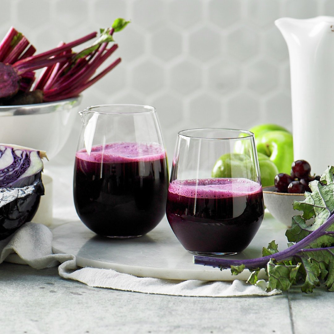 Into juicing veggies as much as we are? Try our Purple Haze Juice with beetroot, kale, black seedless grapes, cucumber, and red cabbage.