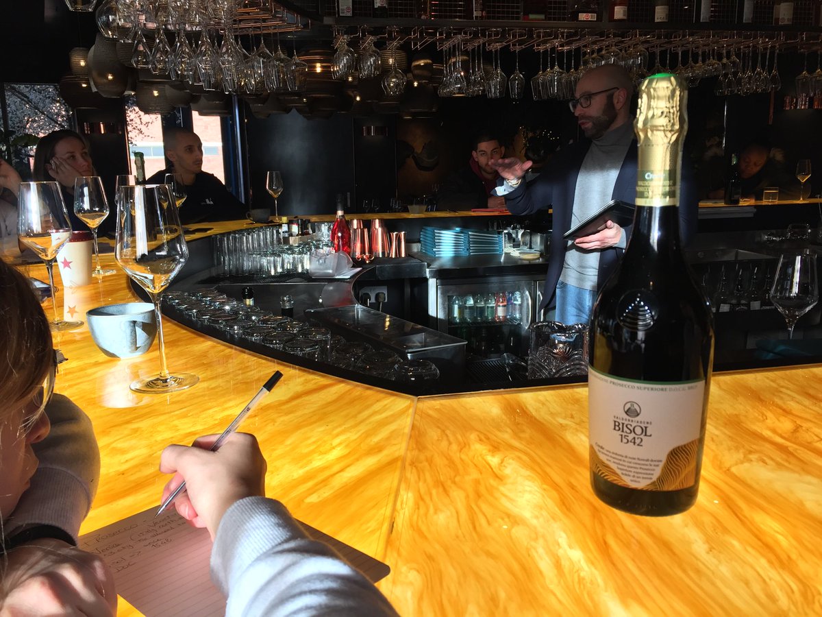 Andrea of ⁦<a href="/BisolProsecco/">BisolProsecco</a>⁩ training all the staff ⁦<a href="/LegnaRestaurant/">Legna Restaurant</a>⁩ ⁦<a href="/opheemtweets/">Opheem</a>⁩ - all about Jeio and Crede today ⁦<a href="/bibendumwine/">Bibendum</a>⁩