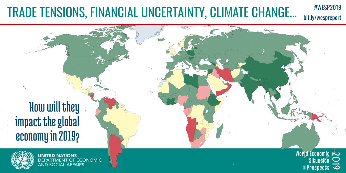 UNEP's tweet image. The global economy is expected to grow, but that's not the whole story. 
The latest @UNDESA #WESP2019 report warns that inequalities, debt &amp;amp; #climatechange threaten to derail growth if the world doesn't come together to solve these problems now. bit.ly/wespreport