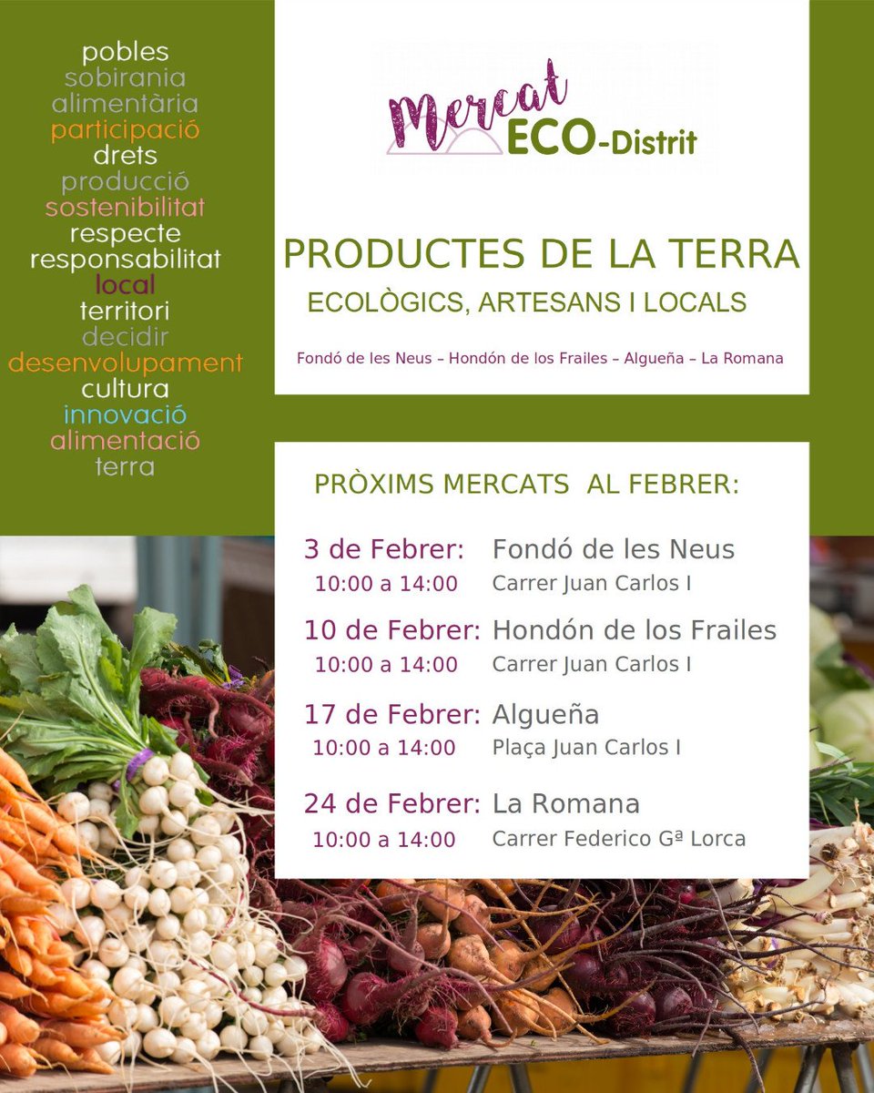 Atenció!!! Atención!!!
Queda cancel·lat el mercat del dia 27 de gener... ens veiem en el següent mercat Eco-Distrit el 3 de febrer en Fondó de les Neus.
Queda cancelado el mercado del día 27 de enero... nos vemos en el siguiente mercado el 3 de febrero en Hondón de las Nieves.