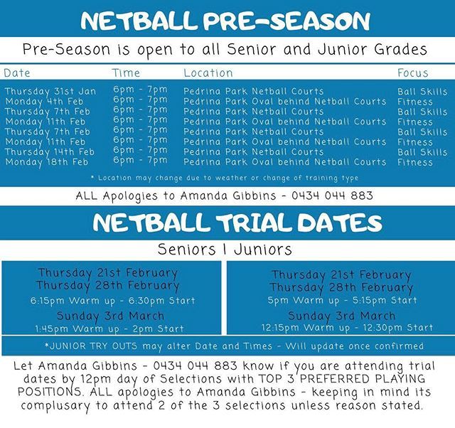 2019 Netball Pre Season and Try Outs 🔵⚪️🔵⚪️ bit.ly/2FO9FX4