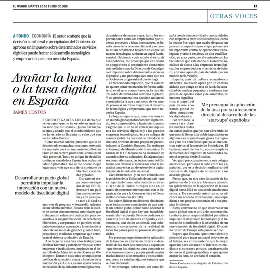 "Esa decisión unilateral y precipitada puede provocar un freno mayor en el desarrollo tecnológico y empresarial que tanto necesita España." @JamesCostos en @elmundoes
¿Cuántos avisos necesita Sánchez para ver que un impuesto a las tecnológicas es perjudicial para nuestro país?