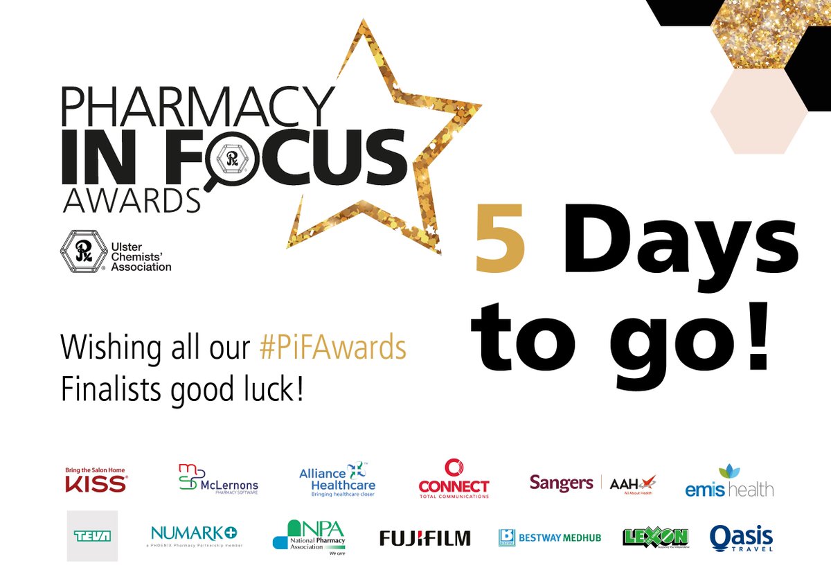The countdown is on! #PiFAwards #GoodLuck #CommunityPharmacy 
@ConnectTele <a href="/KissProducts/">KISS Products</a> <a href="/McLernonsMPS/">McLernons</a> @AllianceHealthcare <a href="/yourAAH/">AAH Pharmaceuticals</a> @EMISHealth <a href="/tevapharmeurope/">Teva Europe</a> <a href="/NumarkNet/">NumarkNet</a> <a href="/NPA1921/">National Pharmacy Association</a> <a href="/FUJIFILM_UK/">Fujifilm in the UK</a> <a href="/BestwayMedhub/">Bestway Medhub</a> <a href="/LexonUk/">Lexon UK</a> <a href="/OasisTravelNI/">Oasis Travel</a> <a href="/ucatweets/">UCA-NI LTD</a>