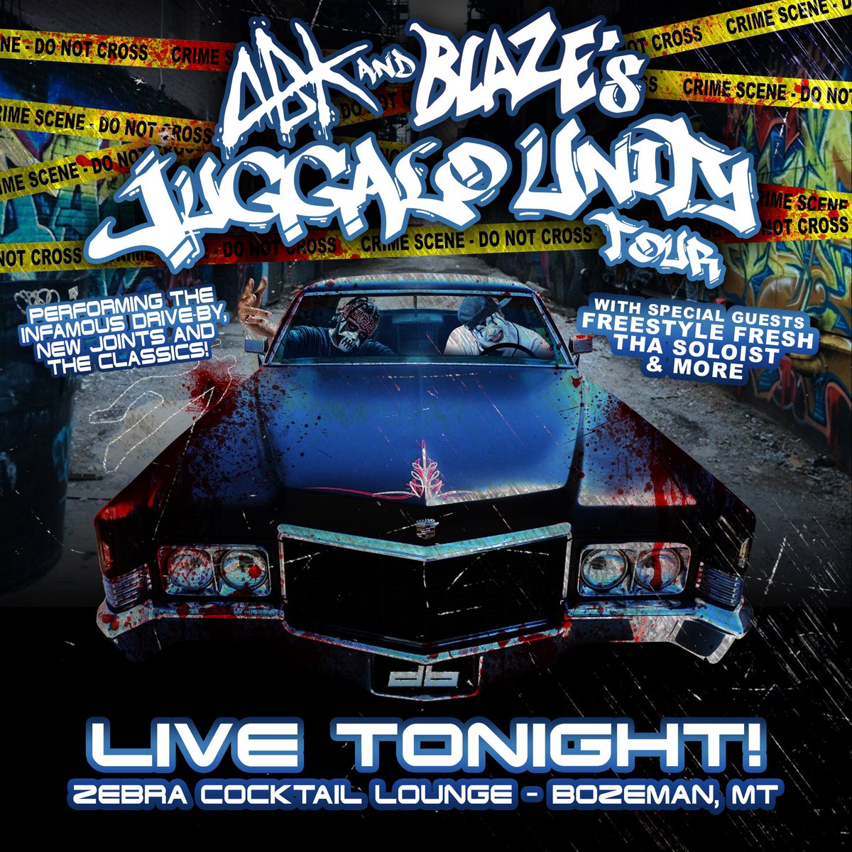 majikninjaent's tweet photo. The #zebracocktaillounge in #bozeman, MT is home to the #juggalounity tour TONIGHT!!!
The #Driveby boys @blazeyadead1 @abkwarrior and special guests are set to rip it up π₯
Tickets/Details - link in bio (tours tab) π
#blazeyadeadhomie #abk #underground #juggalo https://t.co/5pCt64wOEO