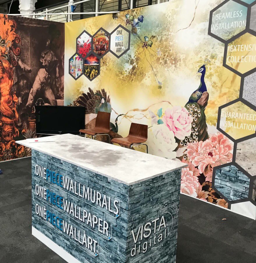Our stand at last years 'Surface Design Show' featuring the beautiful artwork of Honmoku File, one of our collaborative artists. 
We will be exhibiting again this year, come and see us at Stand 156 from the 5-7th February. #surfacedesignshow #onepiecewallmurals #vistadigital