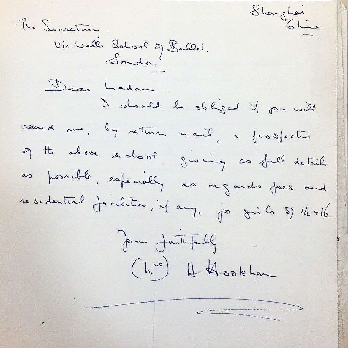 Found in the archives at <a href="/IslingtonLHC/">Islington Local History Centre</a>...

A letter written in 1933 from Margot Fonteyn‘s mother enquiring about the Sadler’s Wells Ballet School on behalf of her daughters. (Yes, Margot’s original name was Hookham!)
